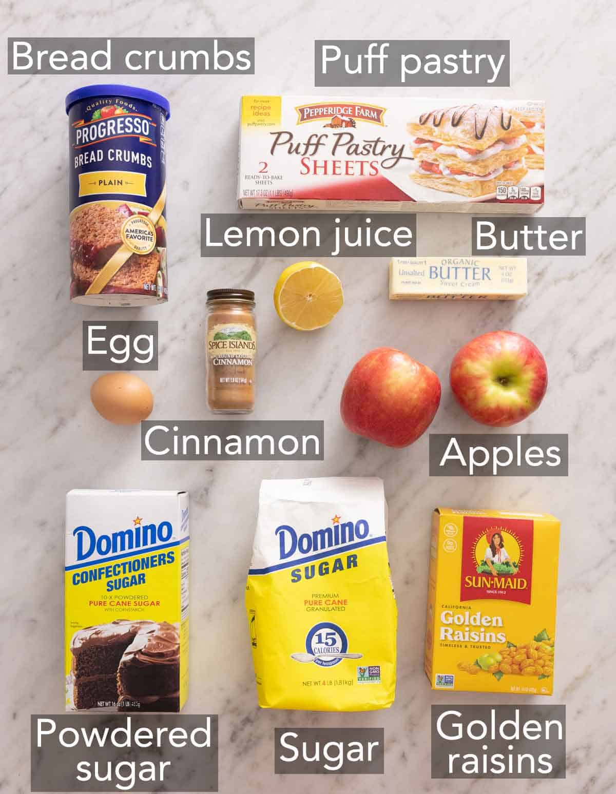 Ingredients needed to make apple strudel.