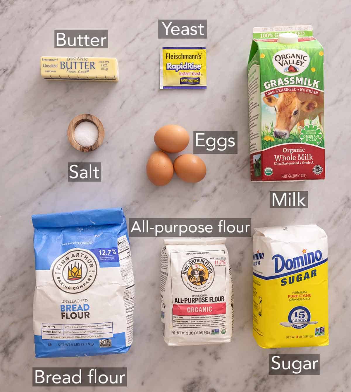 Ingredients needed to make brioche buns.