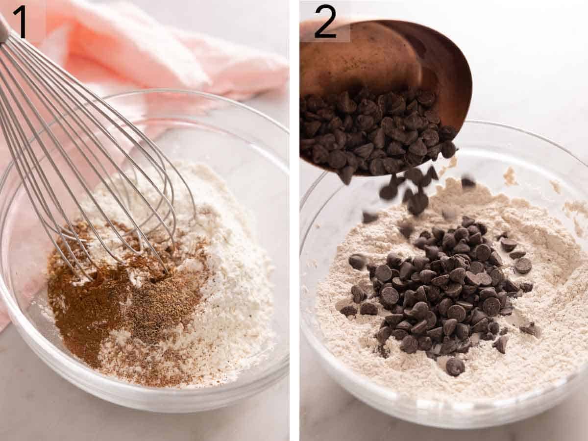 Set of two photos showing dry ingredients whisked together then chocolate chips poured into the dry ingredients.
