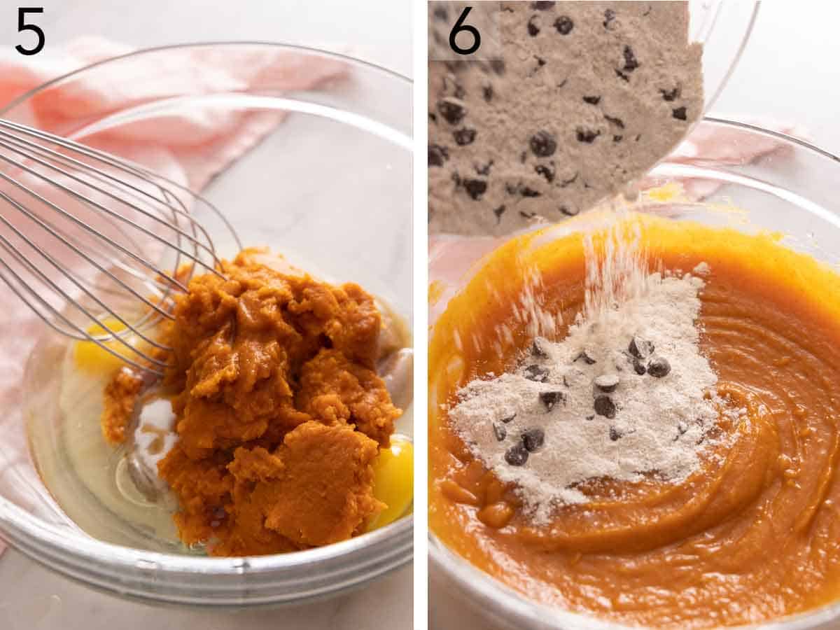 Set of two photos showing pumpkin puree whisked into the wet ingredients then dry ingredients added.