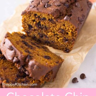 Pinterest graphic of a loaf of chocolate chip pumpkin bread with two slices cut.