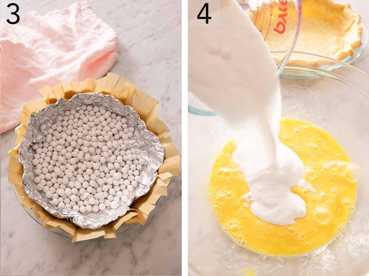Set of two photos showing pie weights in a pie crust and then milk added to beaten eggs.