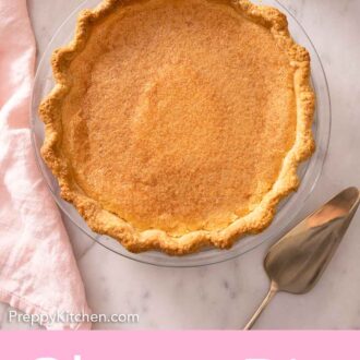 Pinterest graphic of an overhead view of a chess pie with a pie server beside it.