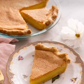 Pinterest graphic of a plate with a slice of chess pie in front of the rest of the pie.