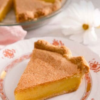 Pinterest graphic of a slice of chess pie in front of the rest of the pie in a glass pie dish.