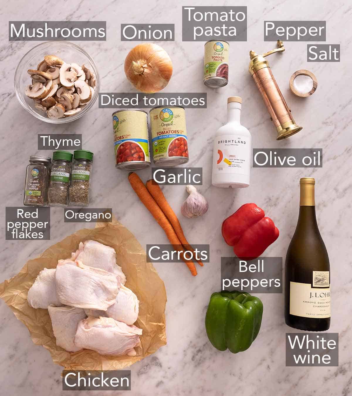 Ingredients needed to make chicken cacciatore.