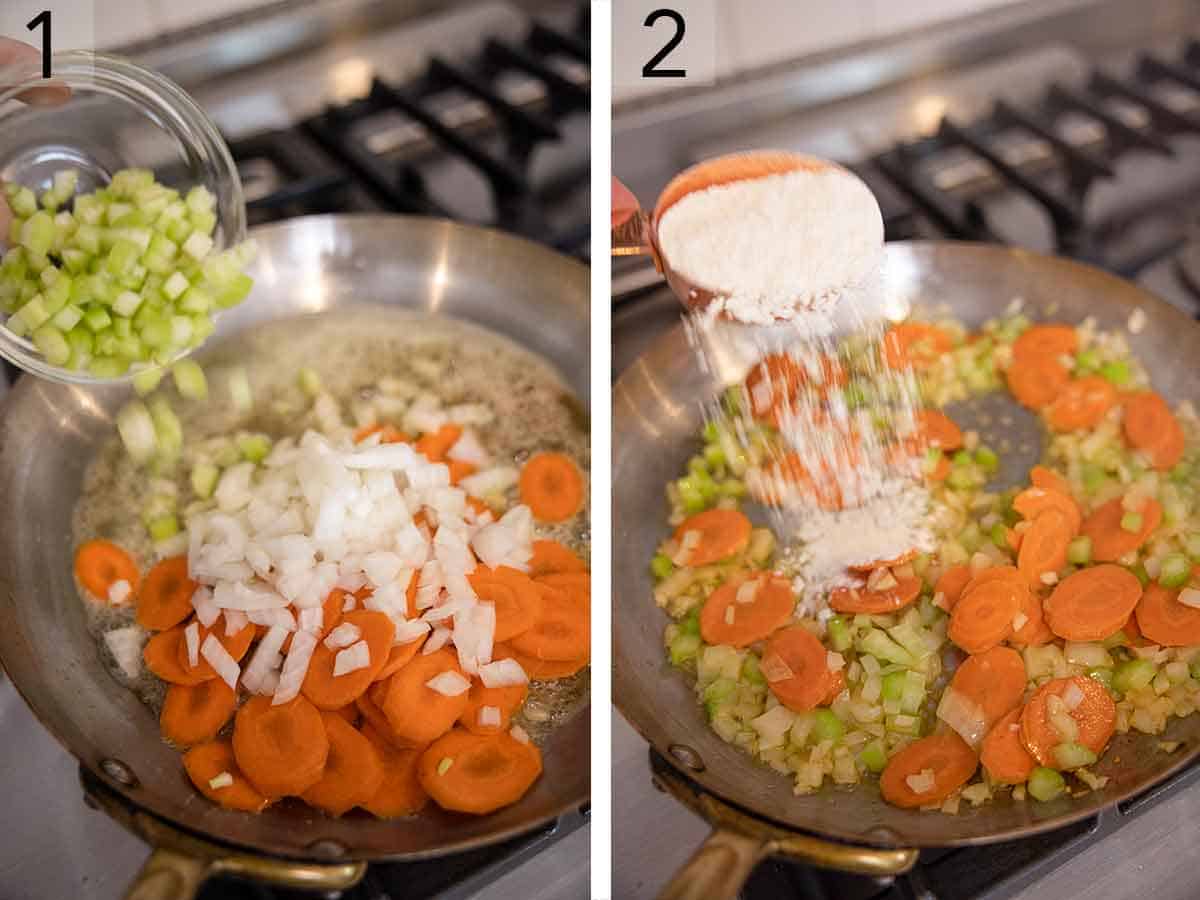 Set of two photos of vegetables added to a skillet and sautéed before flour is sprinkled over top.