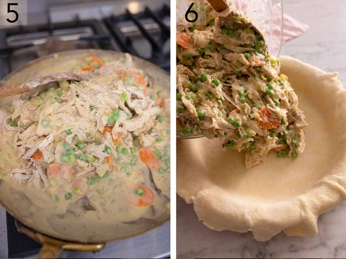 Set of two photos showing chicken stirred into the skillet then the mixture transferred to a pie crust.