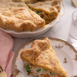 Pinterest graphic of a plate with a slice of chicken pot pie in front of the rest of the dish.