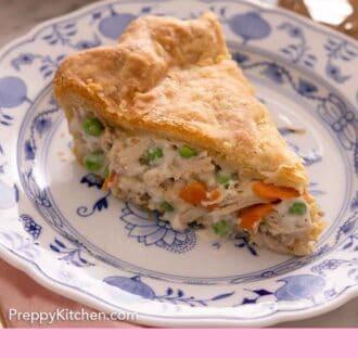 Pinterest graphic of a plate with one slice of chicken pot pie.