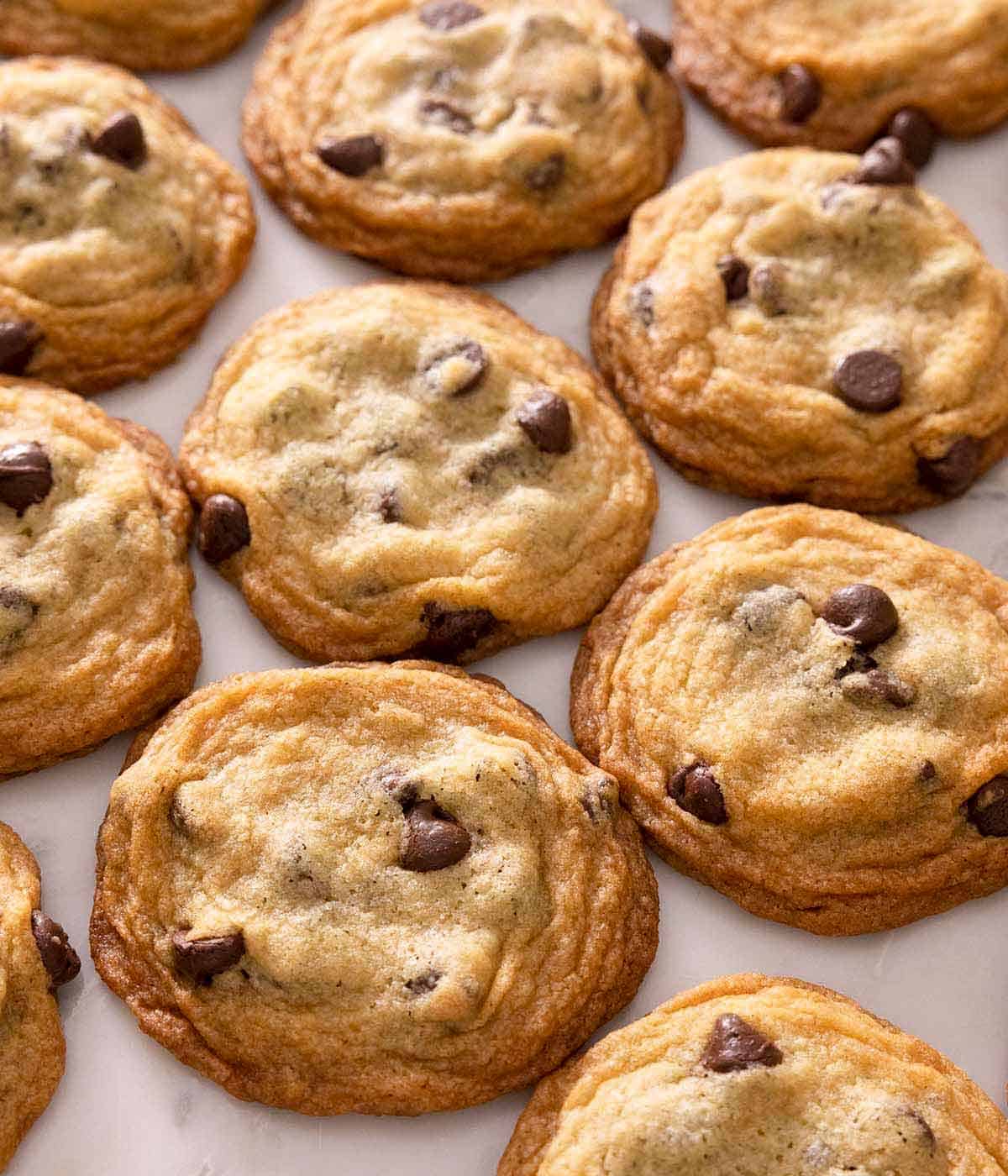 Multiple chocolate chip cookies side by side.