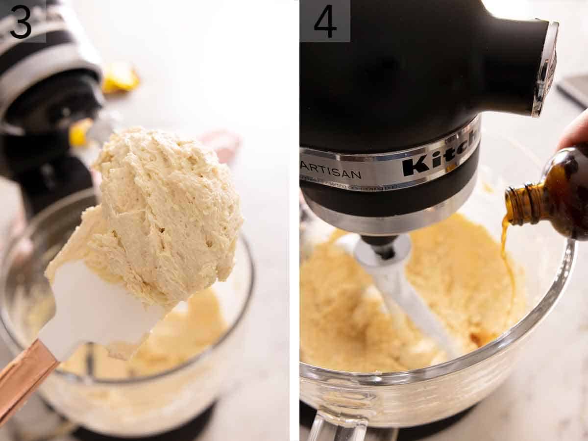 Set of two photos showing butter creamed with sugar and then vanilla added to the mixer.