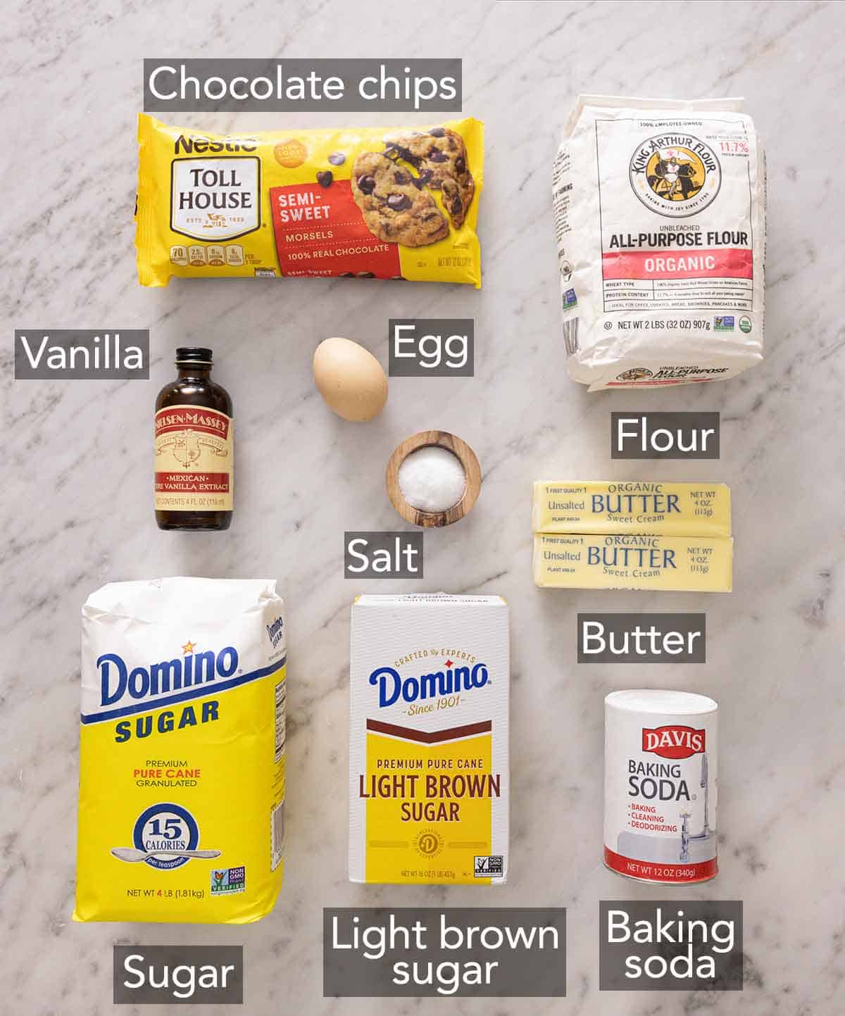 Ingredients needed to make chocolate chip cookies.