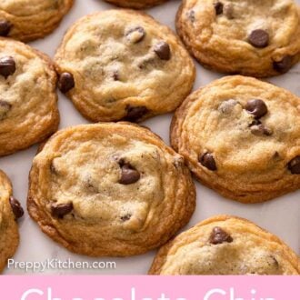 Pinterest graphic of multiple chocolate chip cookies in a single layer on a counter.