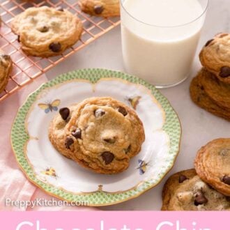 Pinterest graphic of a plate of two chocolate chip cookies in front of a glass of milk with additional cookies on the side and on a cooling rack.