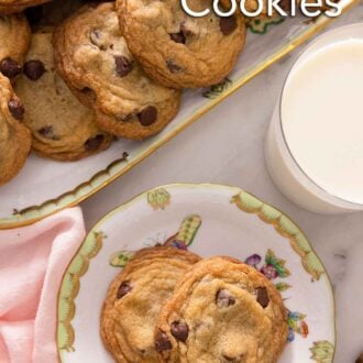 Pinterest graphic of a plate of two cookies in front of a platter of additional cookies.