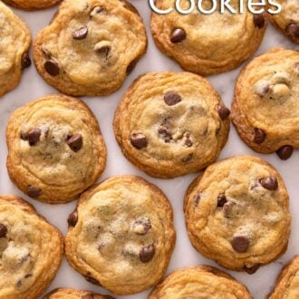 Pinterest graphic of the overhead view of multiple rows of chocolate chip cookies in a single layer.