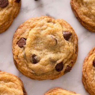 Multiple chocolate chip cookies with one full cookie in the middle, the rest are partially cropped.
