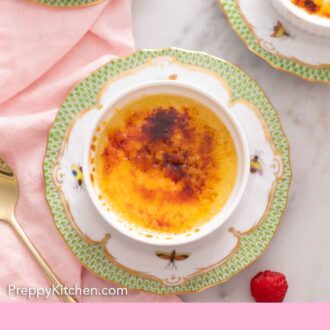 Pinterest graphic of an overhead view of one of three crème brûlées. A pink napkin linen is beside it with a spoon.