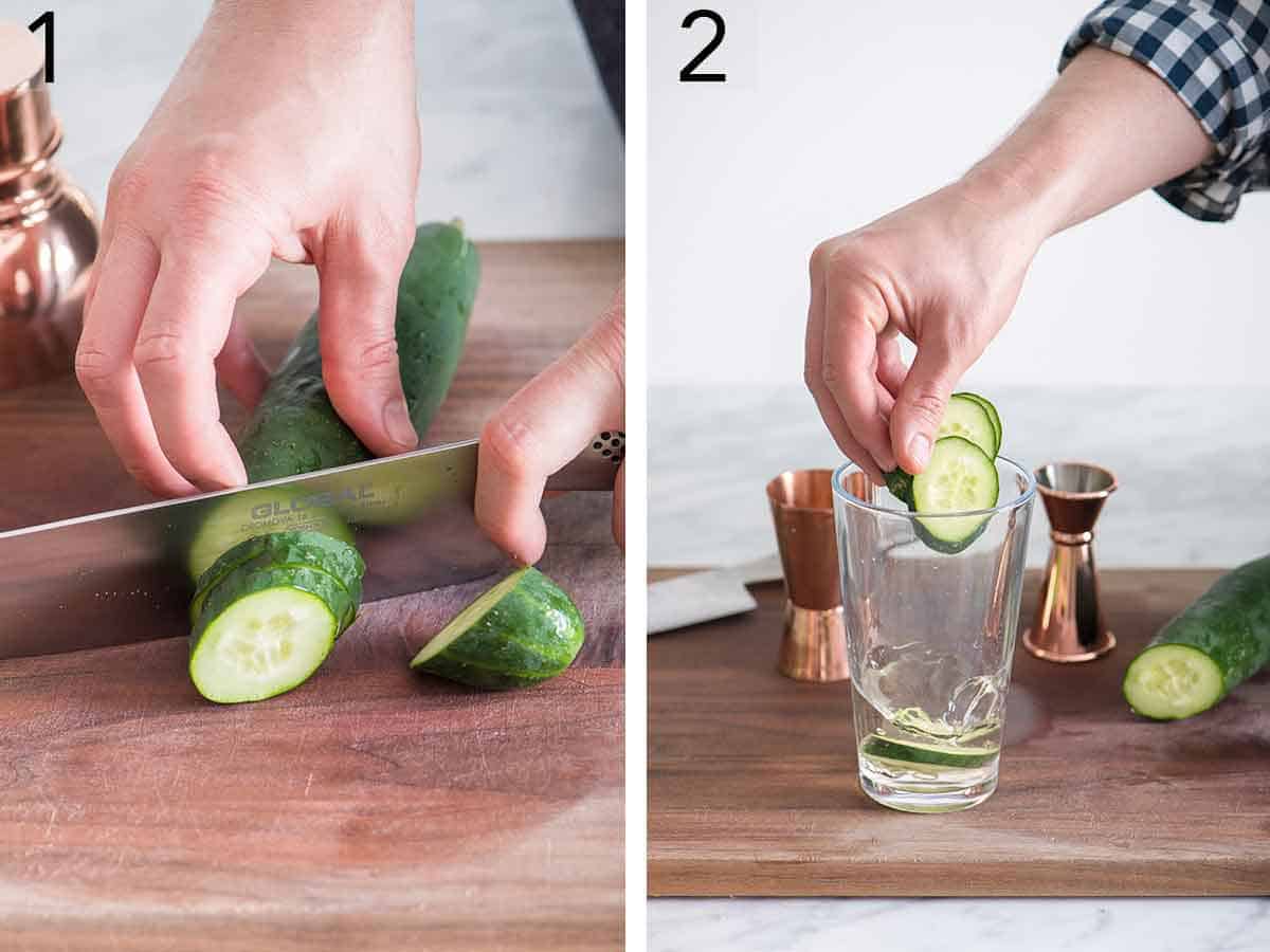 Set of two photos showing cucumbers being sliced and added to a glass.