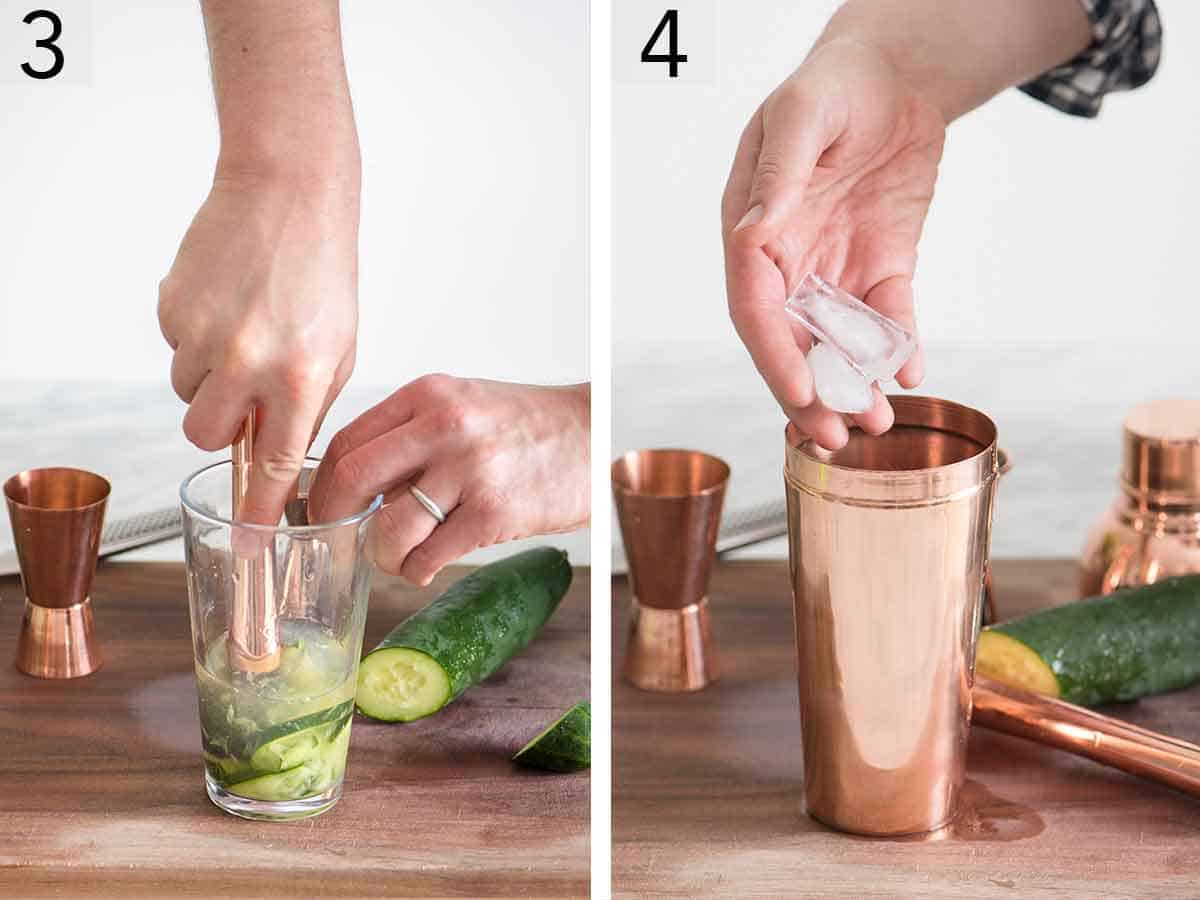 Set of two photos showing cocktail being muddled and ice added to a cocktail shaker.