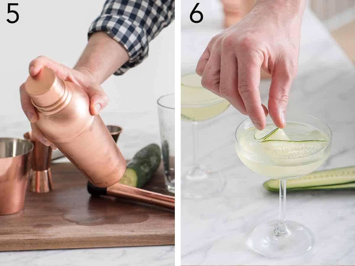 Set of two photos showing a cocktail shaker being shaken and then a hand placing the garnish into the cocktail in a glass.