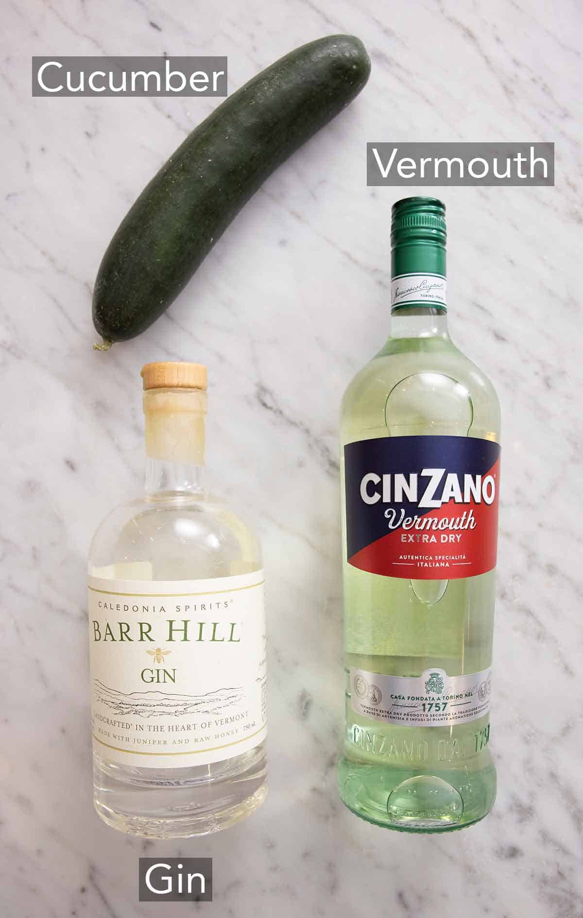 Ingredients needed to make a cucumber martini.