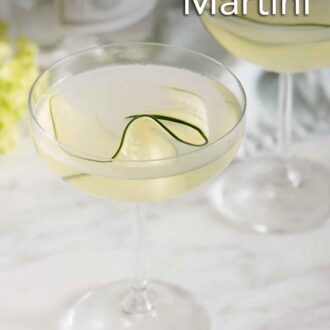Pinterest graphic of a cucumber martini in focus with a second one in the background, out of focus.