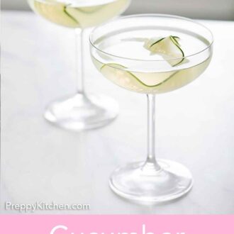 Pinterest graphic of two glasses of cucumber martinis.