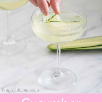 Pinterest graphic of a glass of cucumber martini with a hand placing a slice of cucumber into the glass.