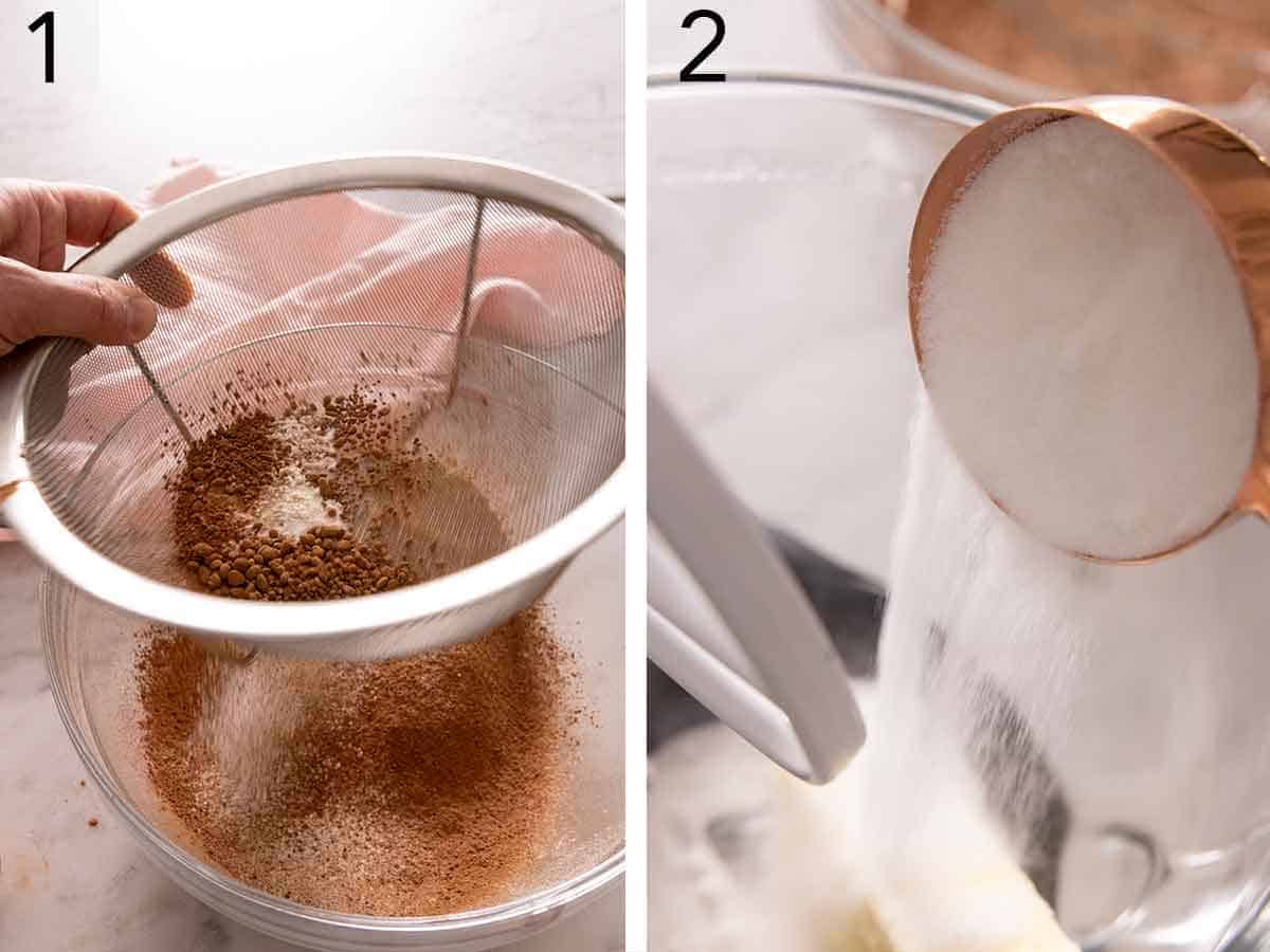 Set of two photos showing dry ingredients being sifted and then sugar added to butter.