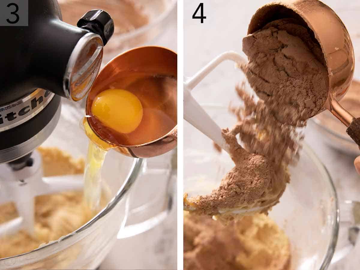 Set of two photos showing egg added to the mixer and then dry ingredients added.