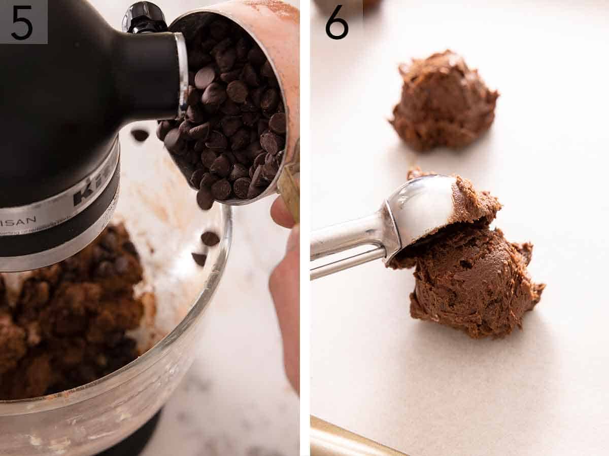 Set of two photos showing chocolate chips added to the cookie dough and then scooped out onto a lined sheet pan.