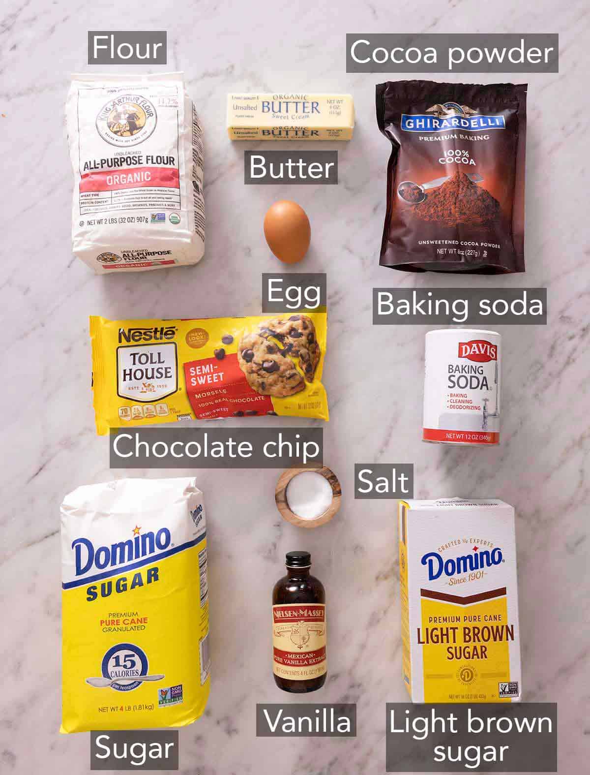 Ingredients needed to make double chocolate chip cookies.