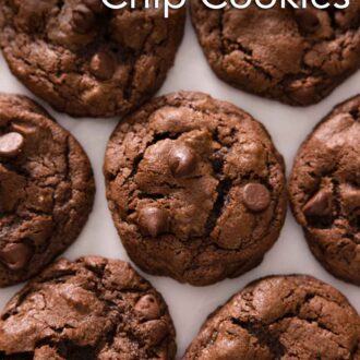 Pinterest graphic of multiple double chocolate chip cookies in a single layer.