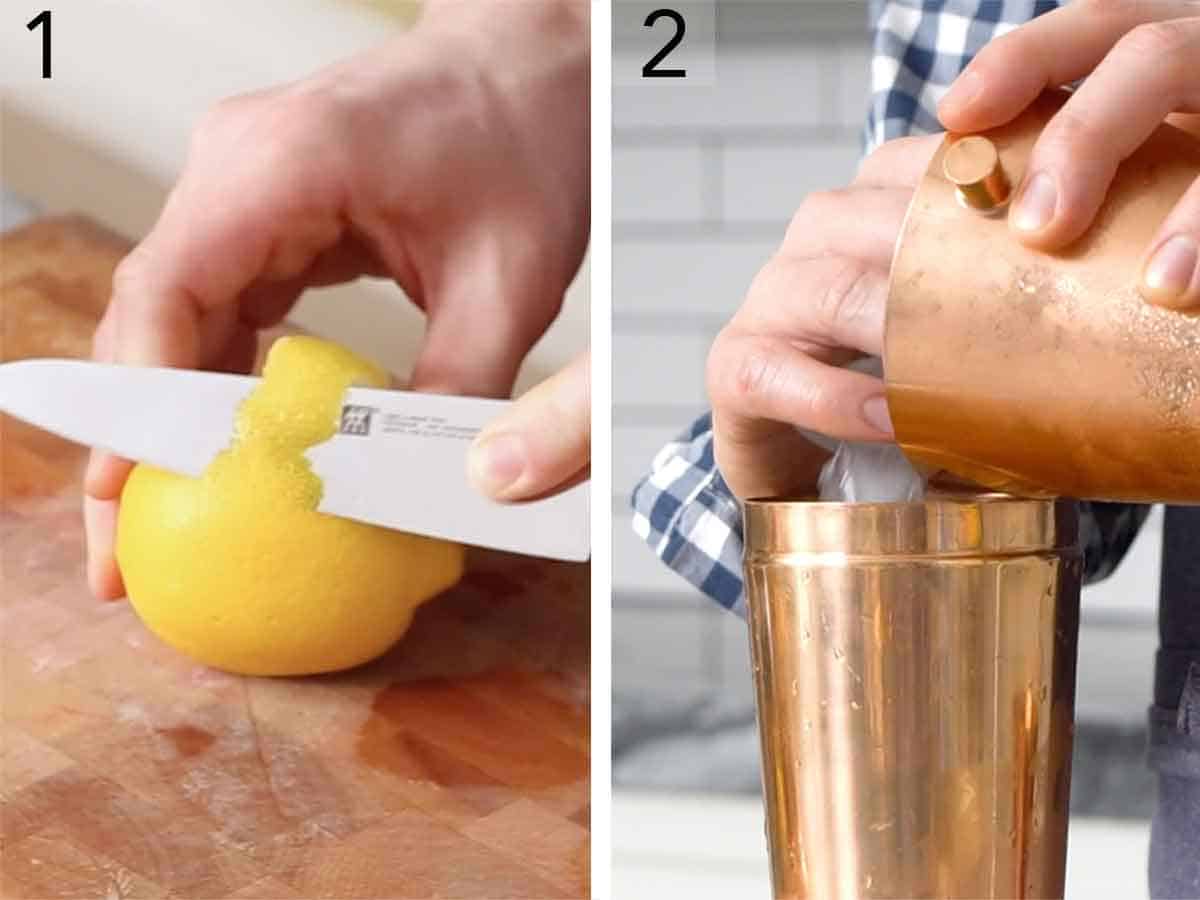 Set of two photos showing lemon peel sliced for garnish and ice added to a shaker.