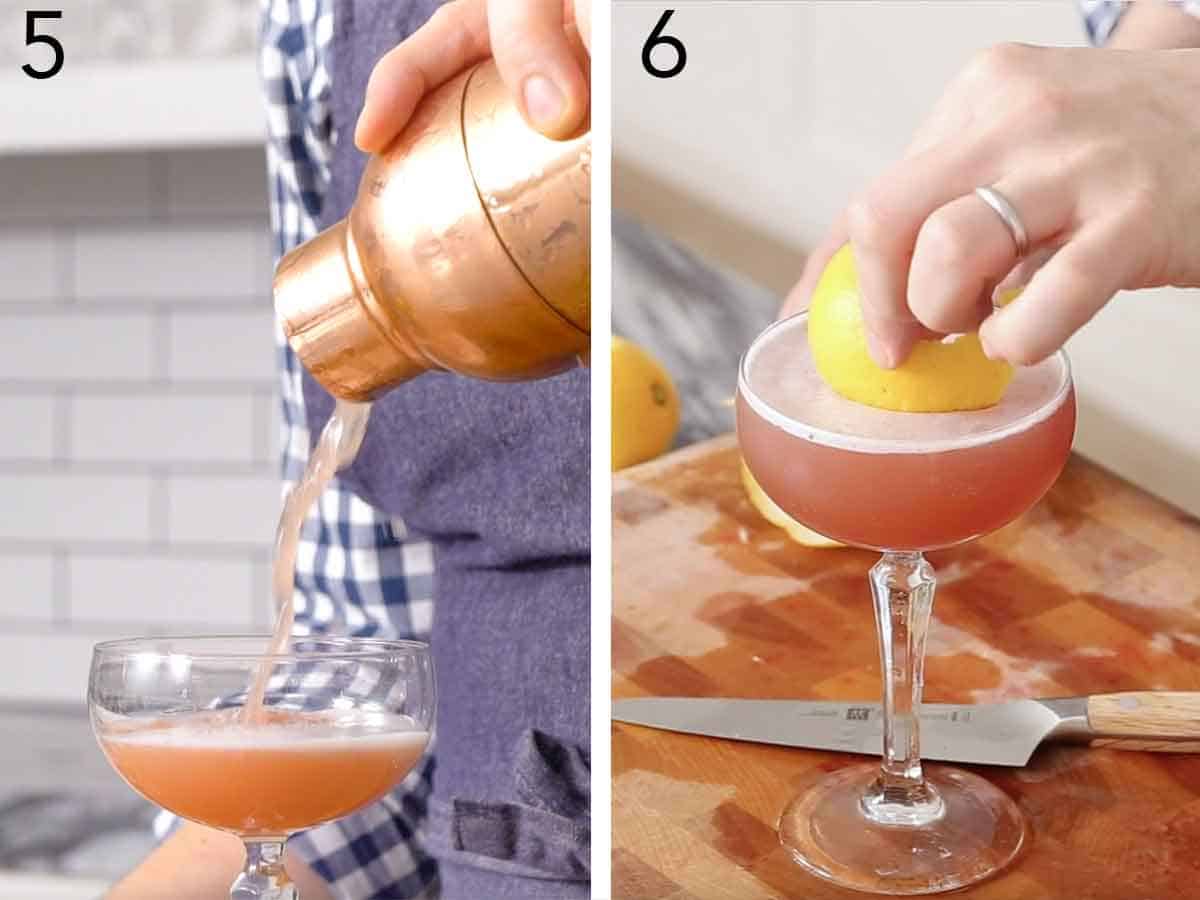 Set of two photos showing the cocktail poured into a glass from a shaker then lemon peel garnish added into the glass.