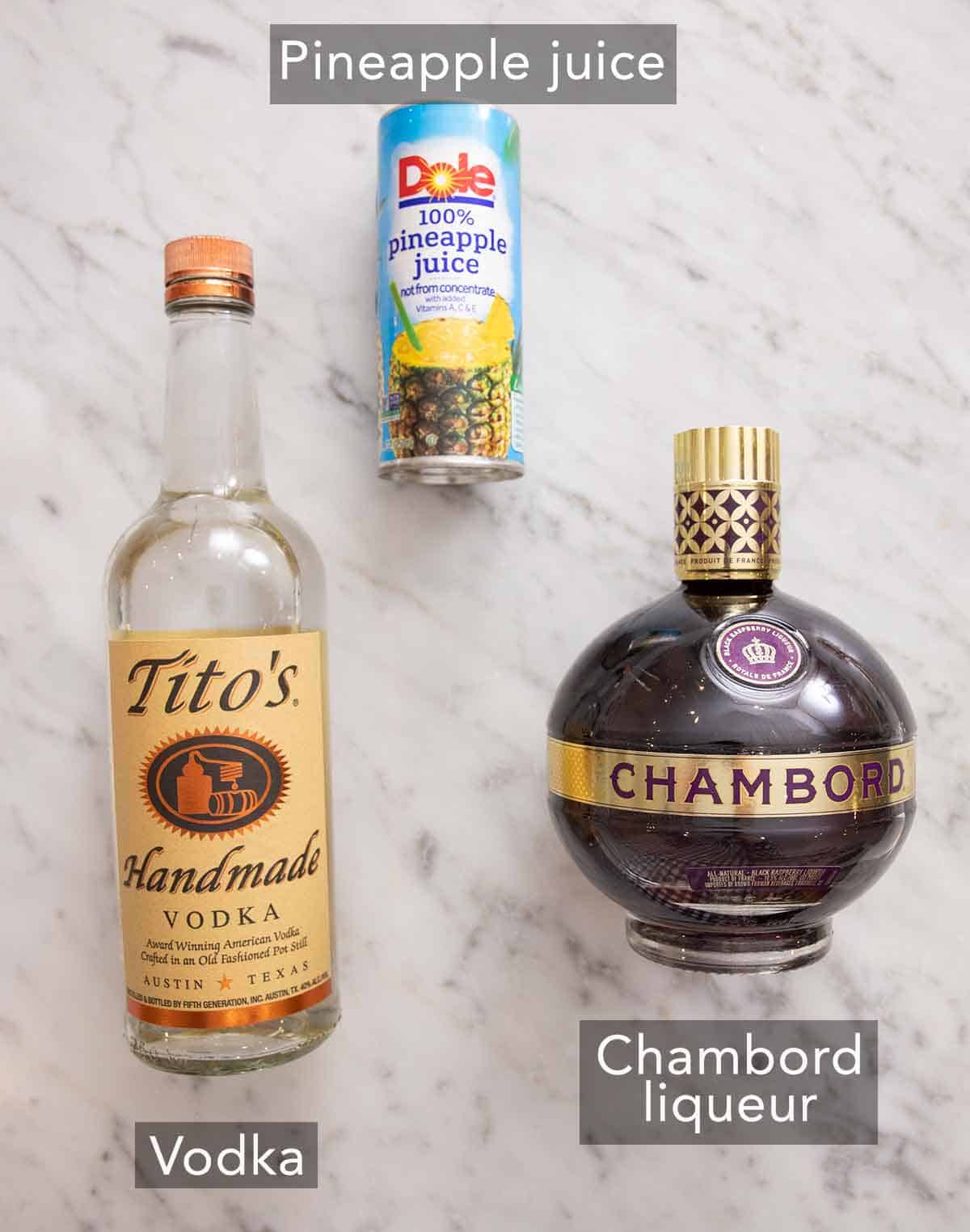 Ingredients needed to make a French martini.