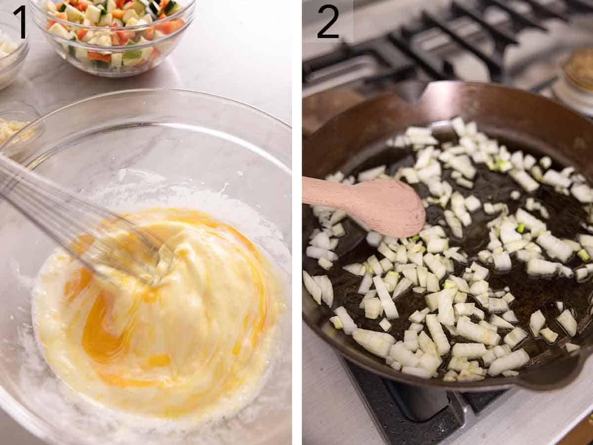 Set of two photos showing eggs being whisked and onion being sautéed in a pan.