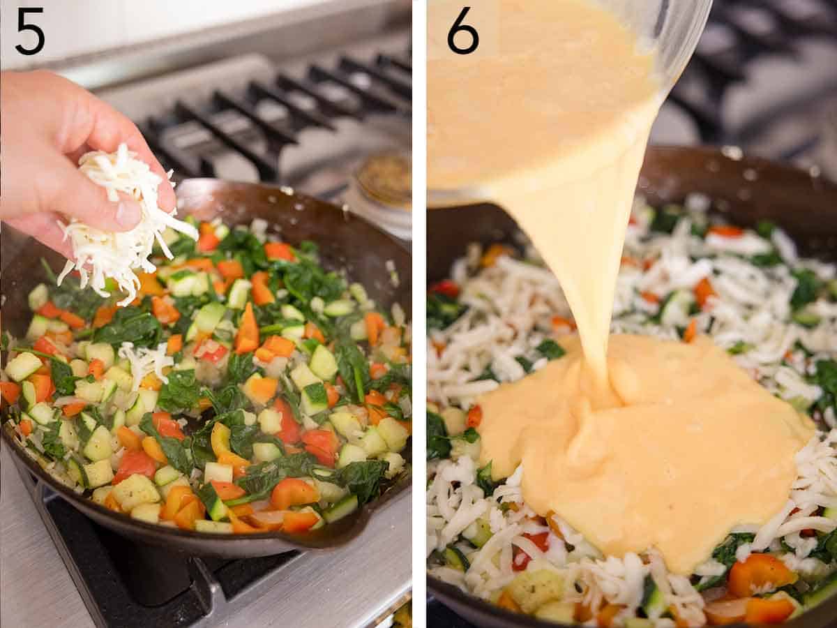 Set of two photos showing cheese added to a pan and then mixed eggs poured over top.