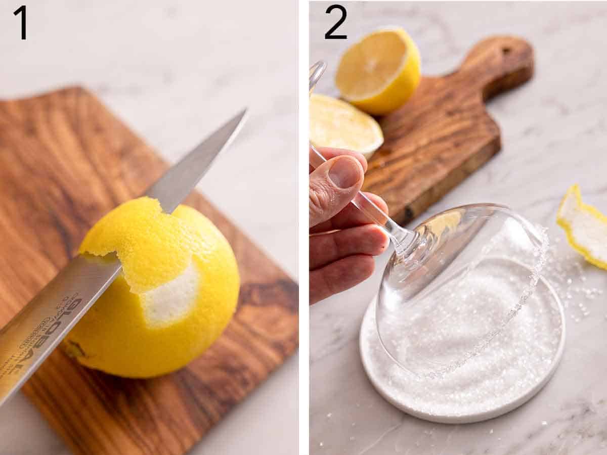 Set of two photos showing a lemon being peeled with a knife and a cocktail glass getting the rim coated in sugar.