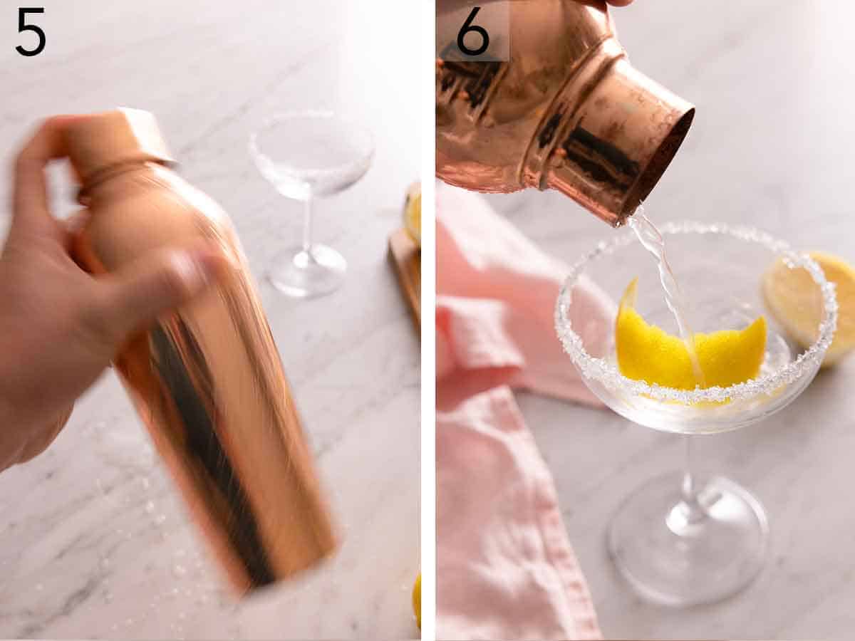 Set of two photos showing a cocktail shaker being shaken and then poured into the glass.
