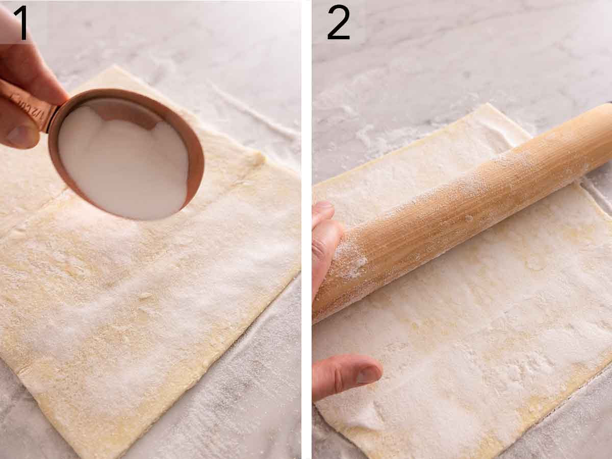 Set of two photos showing sugar sprinkled over puff pastry and then rolled with a rolling pin.