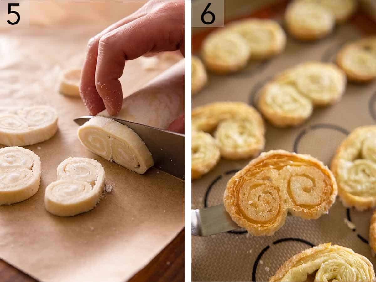 Set of two showing rolled pastry dough sliced and then baked on a silicone lined sheet pan.