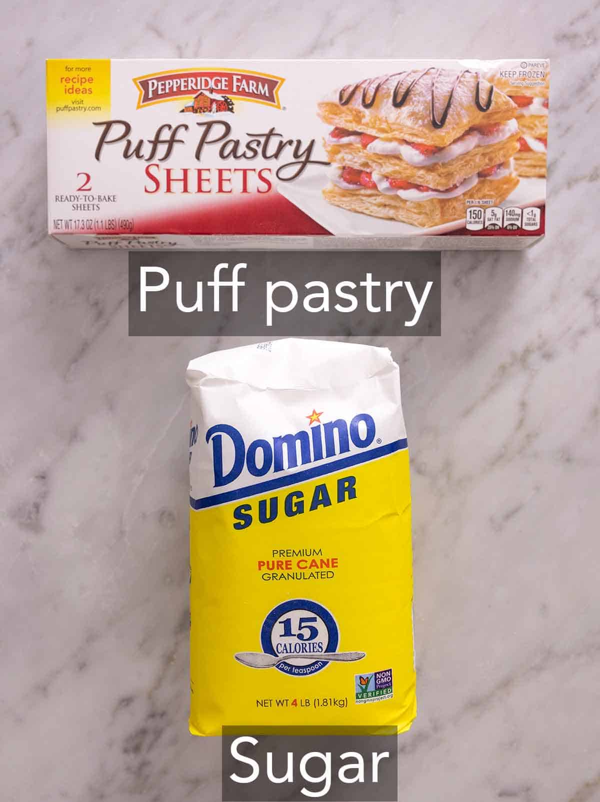 Ingredients (puff pastry and sugar) needed to make a palmier recipe.