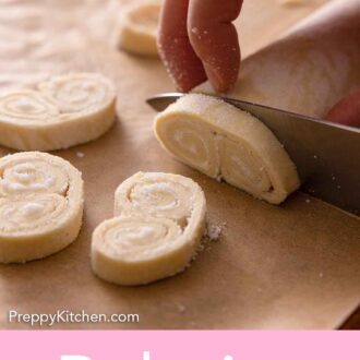 Pinterest graphic of palmier dough being cut.