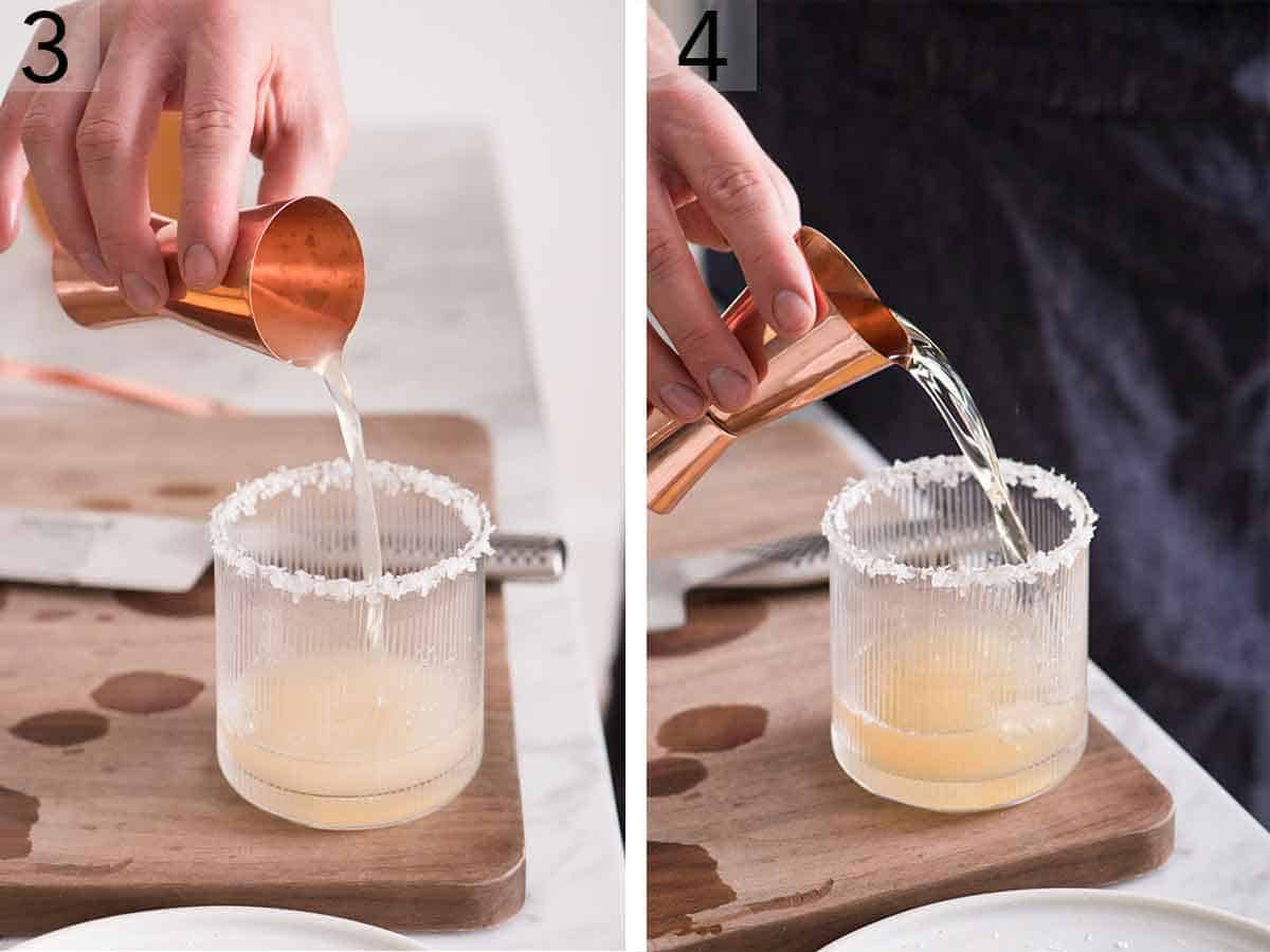 Set of two photos showing citrus juice poured into a glass and then tequila.
