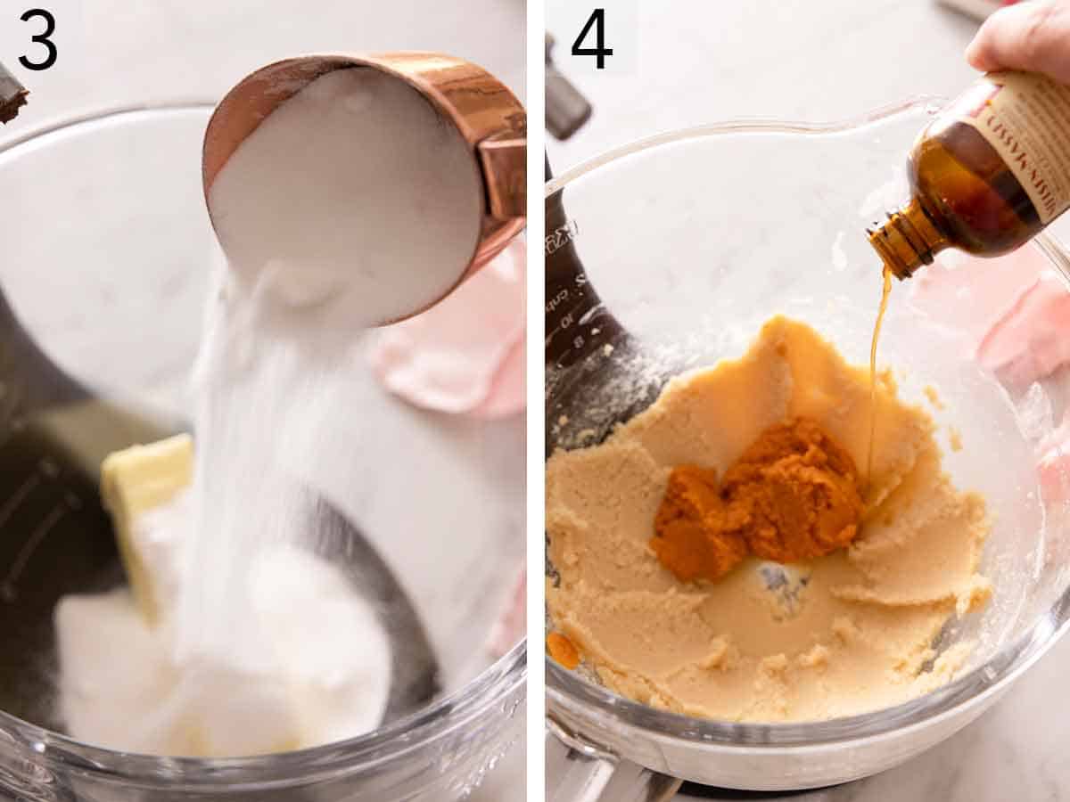 Set of two photos showing sugar added to butter and then pumpkin puree and vanilla added to the creamed butter.