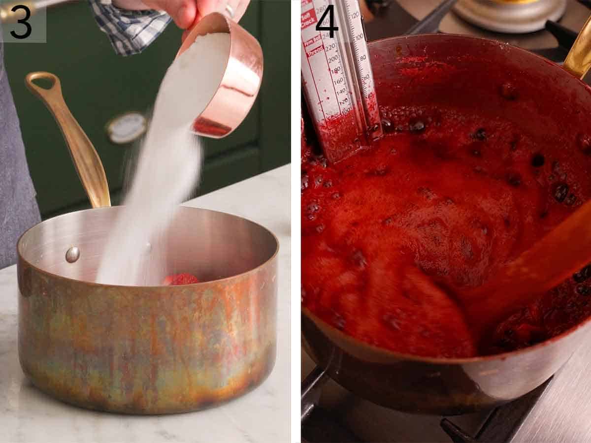 Set of two photos showing sugar added to a pot and then the pot simmered with a thermometer.