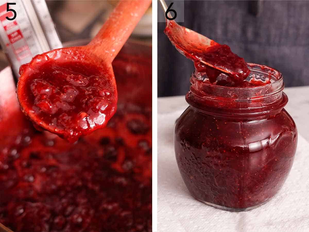 Set of two photos showing the texture of the cooked jam and then transferred to a mason jar,